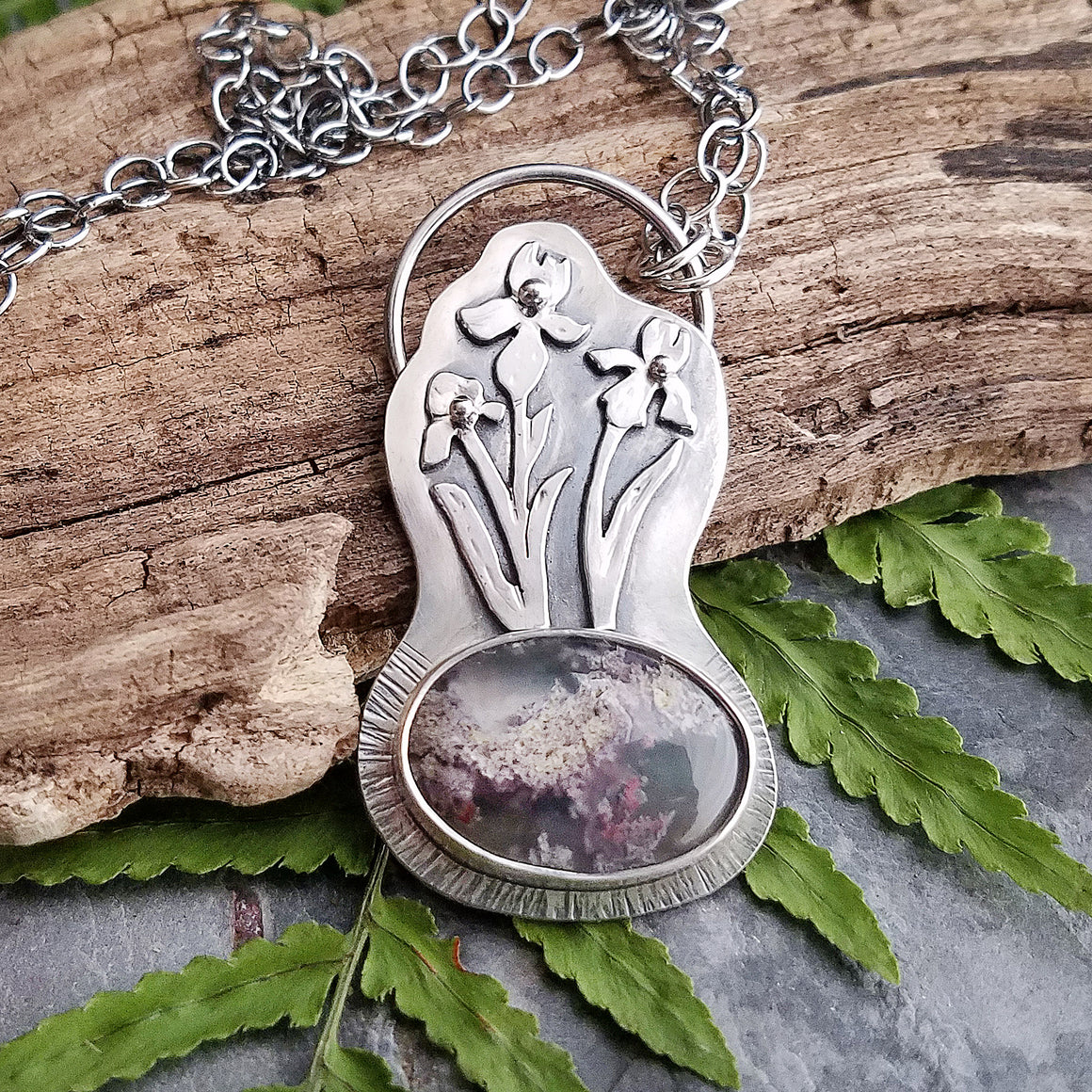 sterling silver iris flower and moss agate pendant