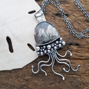 Jellyfish Pendant with Plume Agate Stone