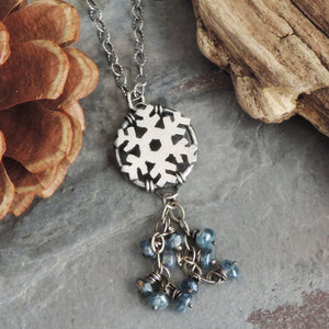 Silver Snowflake Necklace with Blue Kyanite Dangles
