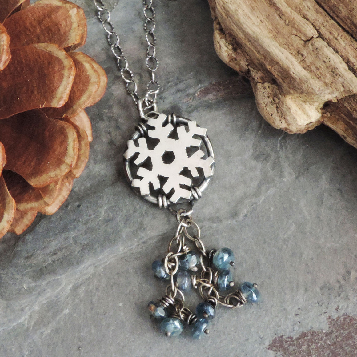 Silver Snowflake Necklace with Blue Kyanite Dangles
