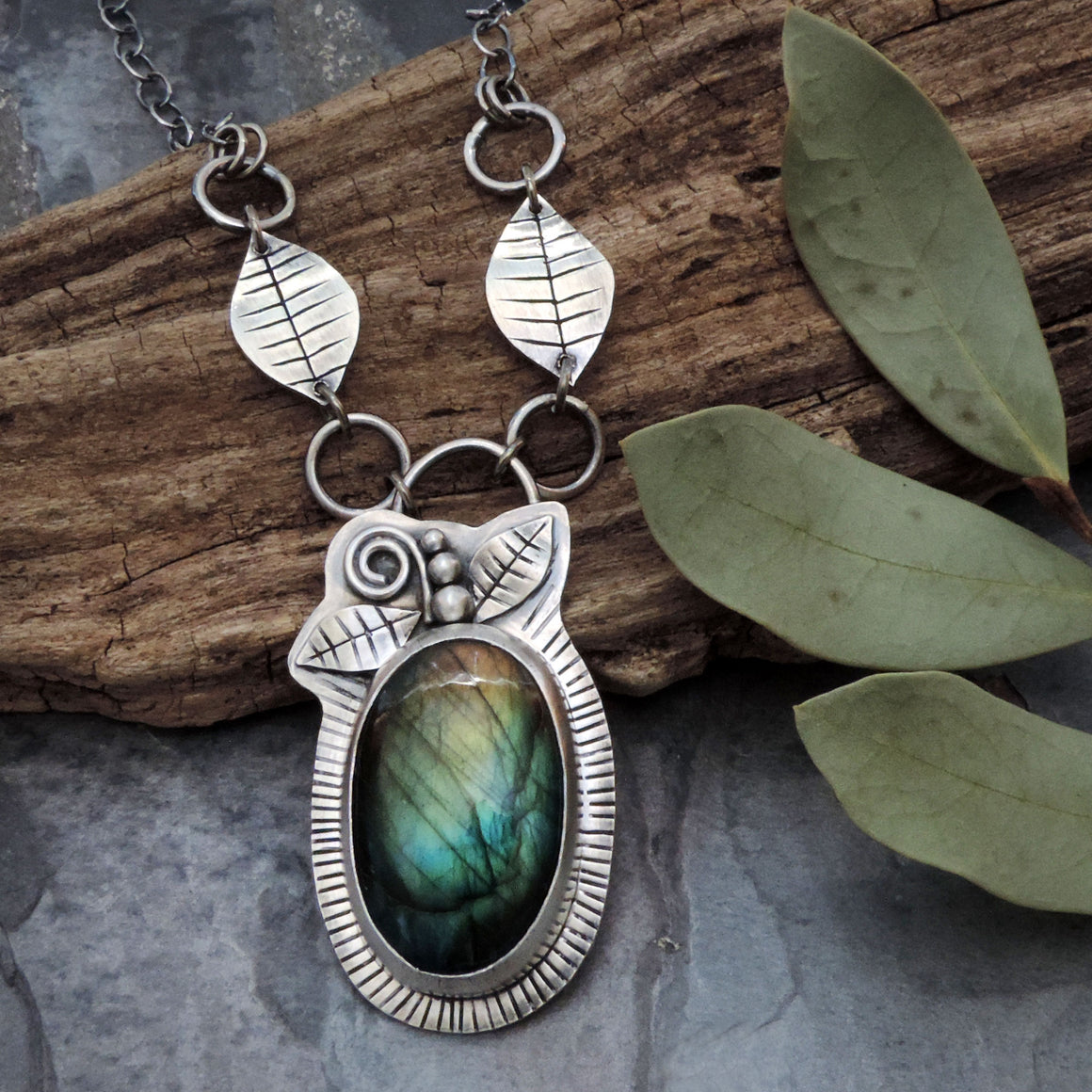 Labradorite Gemstone Necklace with Leaves