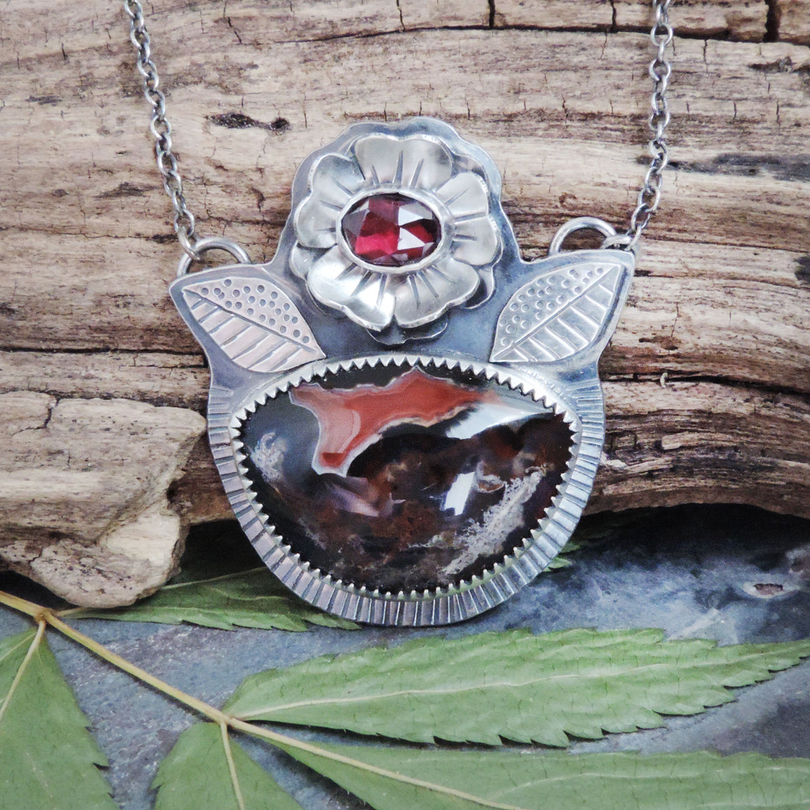 Laguna Agate and Garnet Flower Necklace