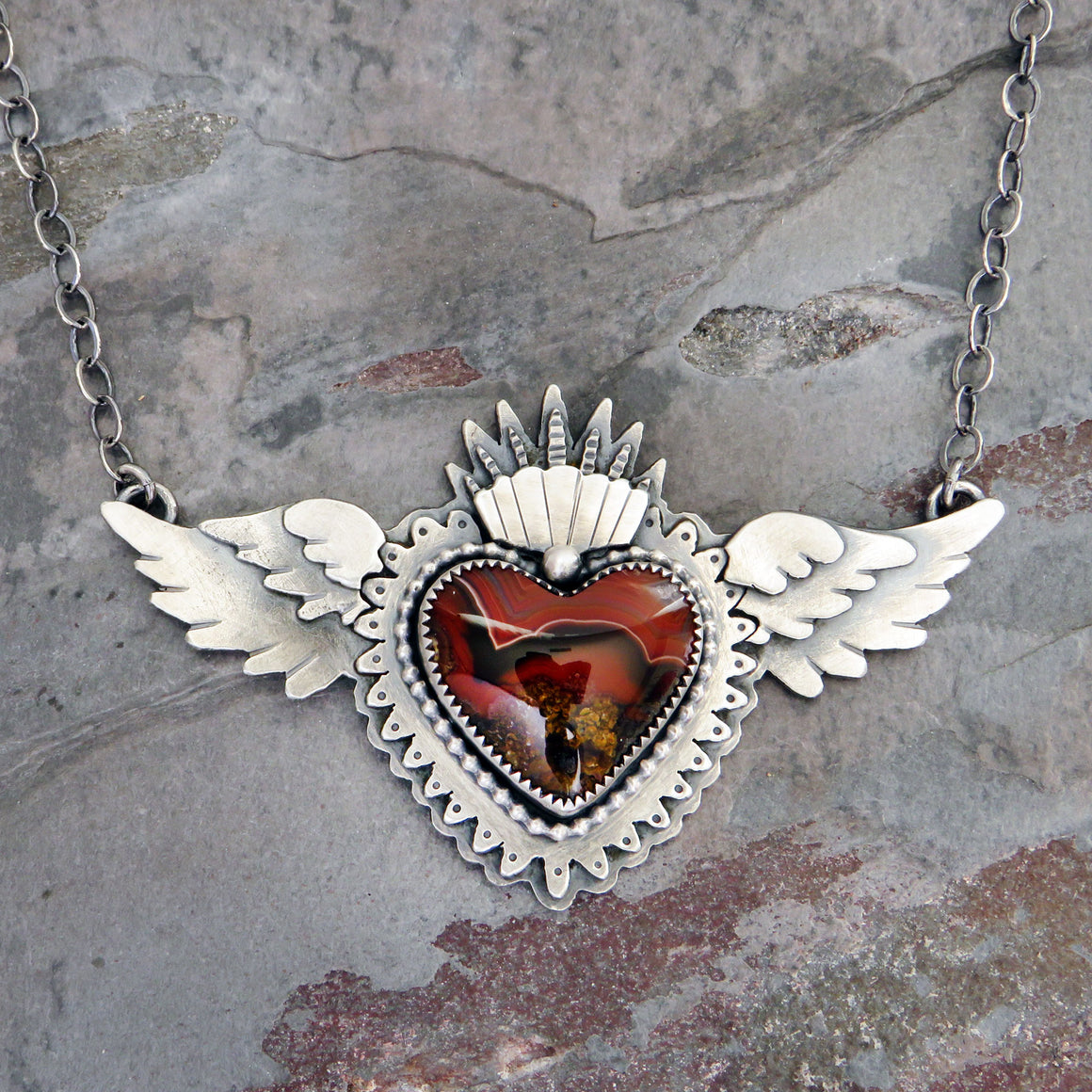 Laguna Agate Sacred Heart Necklace with Wings