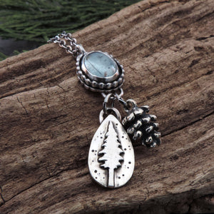 Moss Aquamarine Necklace with Pine Tree and Pine Cone