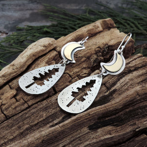 Pine Tree Silhouette and Crescent Moon Earrings