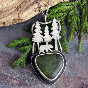 Bear in the Pines Green Sea Glass Necklace