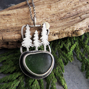 Pine Trees and Full Moon Sea Glass Necklace III