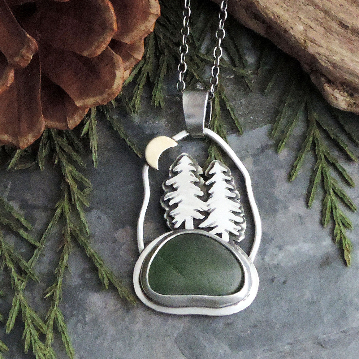 Small Pine Tree Necklace with Crescent Moon and Green Sea Glass