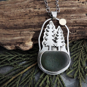 Pine Tree Necklace with Full Moon and Green Sea Glass