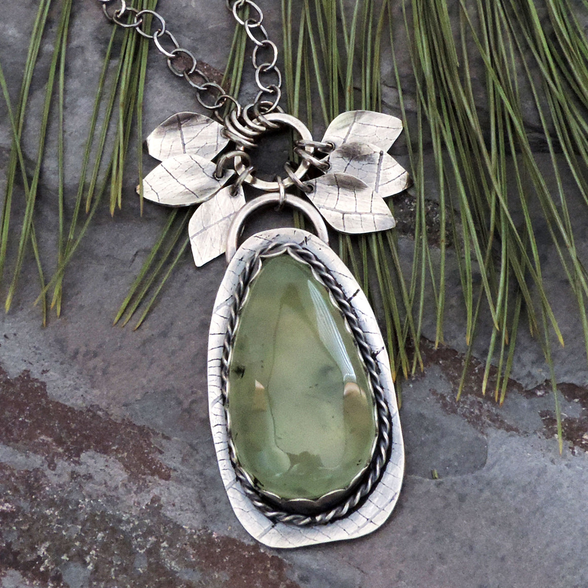 Green Prehnite Gemstone Necklace with Leaves