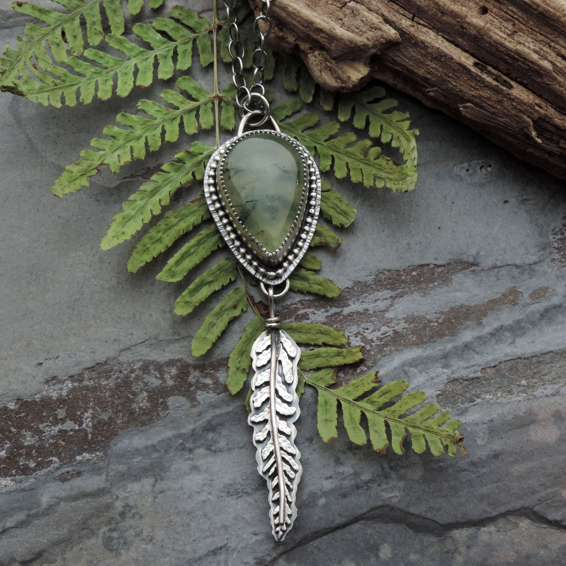 Fern Necklace with Green Prehnite Teardrop