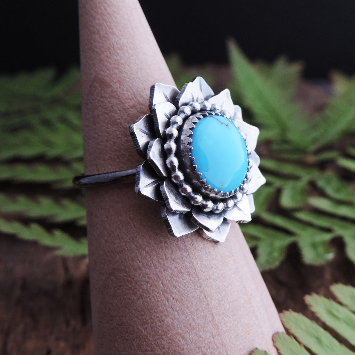 handmade layered flower ring with turquoise center