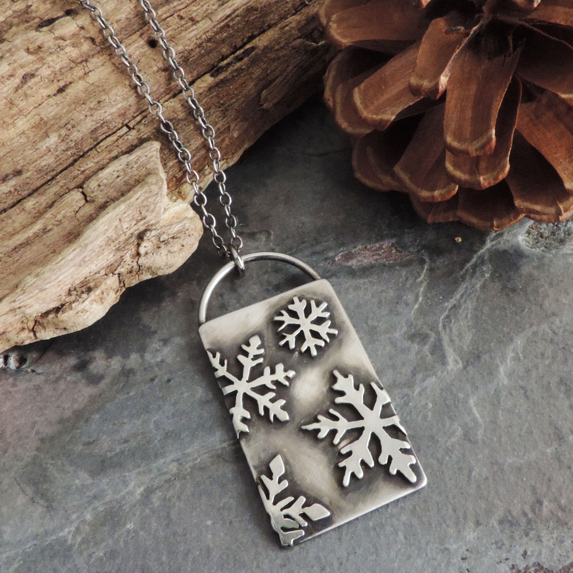 Sterling Silver Rectangle Snowflake Necklace - A Twist of Whimsy