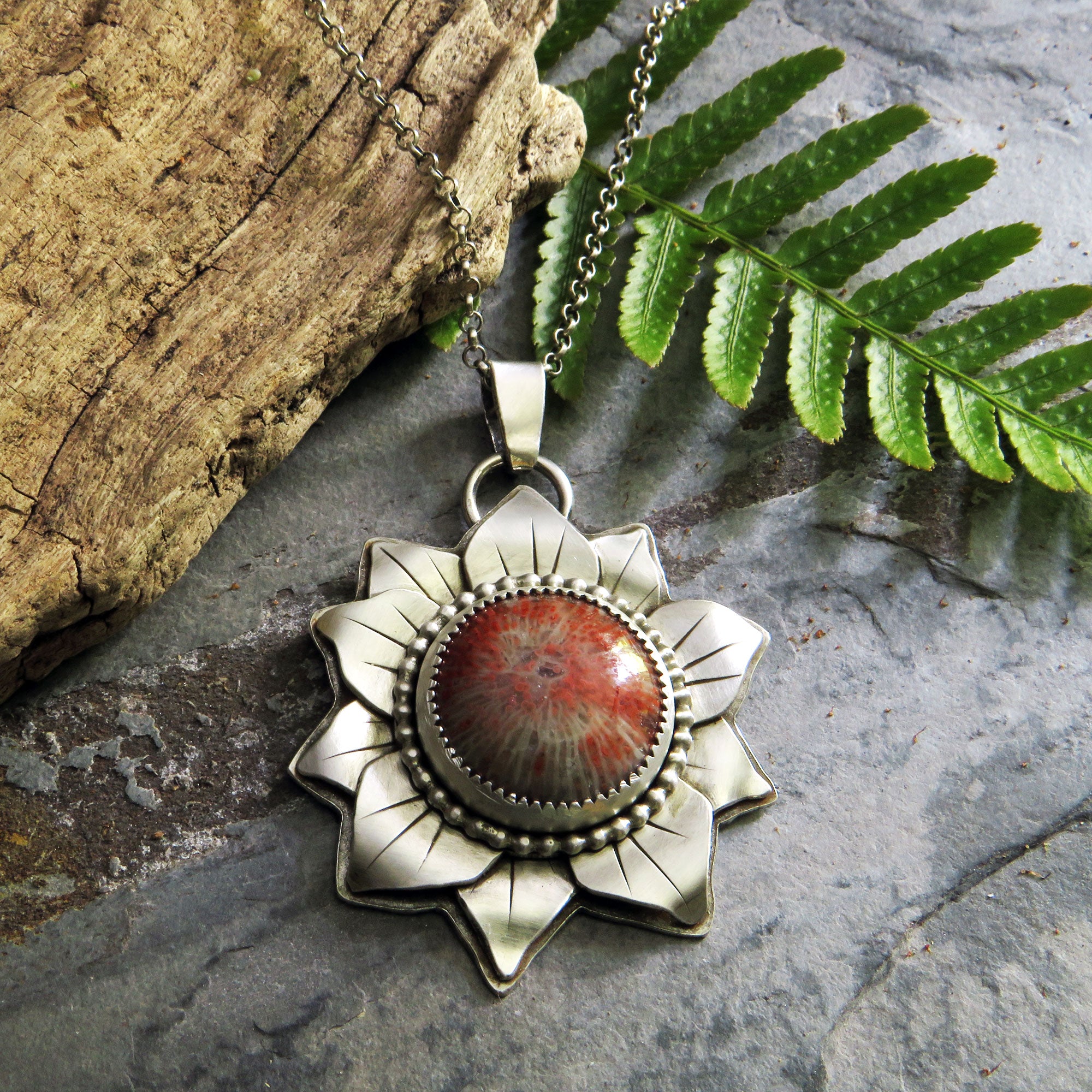 Red Horn Coral Layered Flower Pendant Necklace