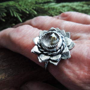 Flower Ring with Rutilated Quartz Center - Size 7.5
