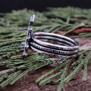 Sterling Silver Pine Tree Triple Band Ring - Size 8