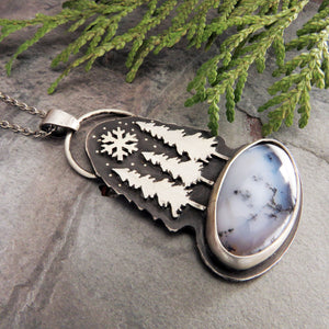 Three Pines in Winter Dendritic Opal Necklace