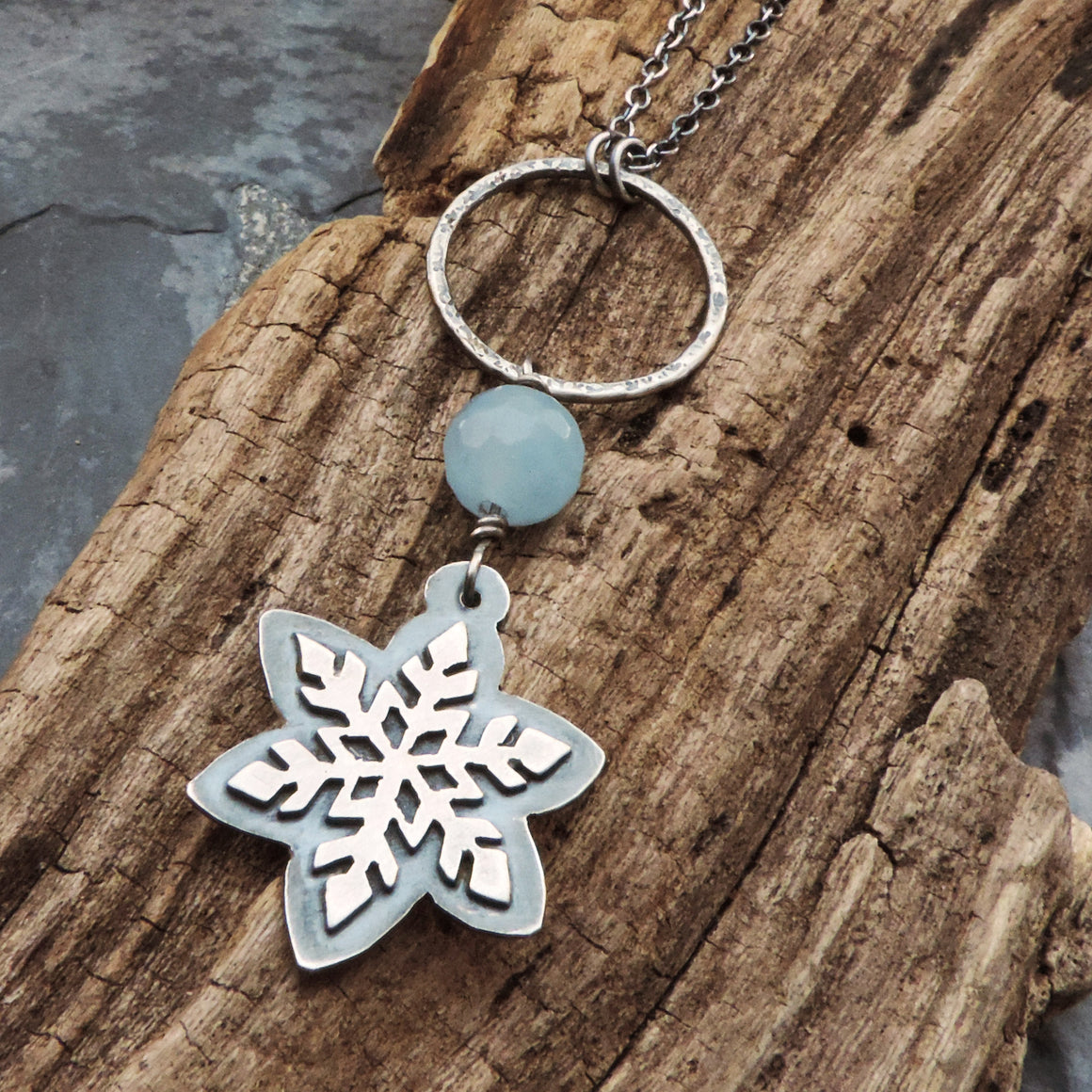 Silver Snowflake Blue Jade Necklace