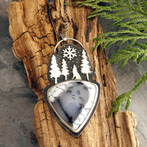 Wolf Howling in the Snowy Forest Dendritic Opal Necklace
