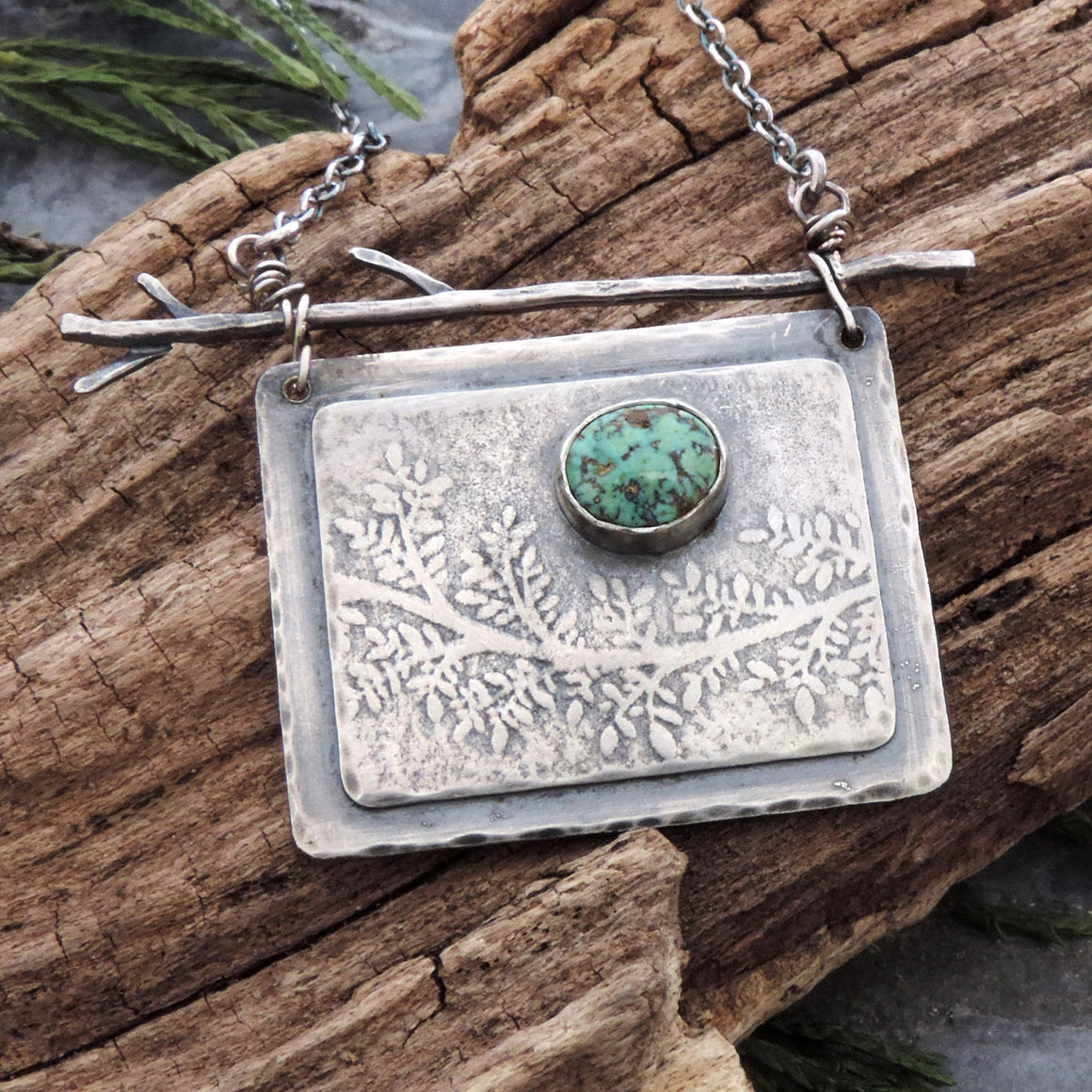 organic sterling silver botanical necklace with turquoise accent