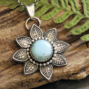 Stamped Flower Pendant with Kazakhstan Lavender Turquoise