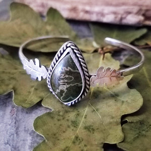 Dark Green Suture Ammonite Oak Leaf Cuff Bracelet