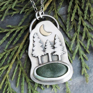 three pine trees green sea glass silver necklace