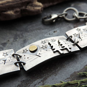 Triple Frame Mountain Bracelet with Pine Trees and Full Moon