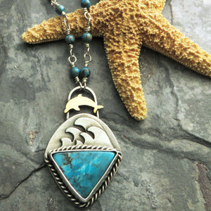 Turquoise Ocean Waves and Dolphin Necklace