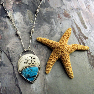 Turquoise Ocean Waves and Sea Gull Necklace