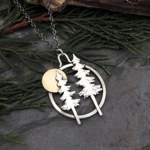 Two Majestic Pines Under a Full Moon Necklace