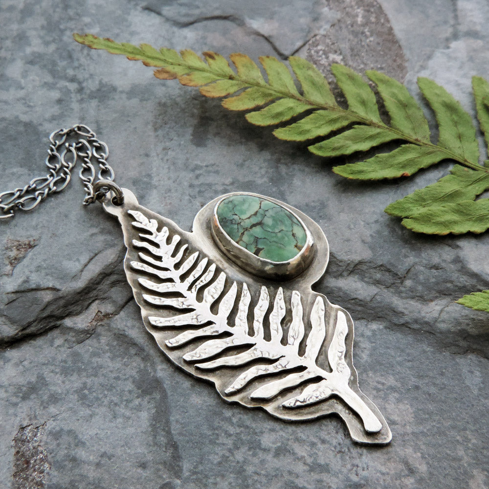 Vertical Fern Frond Necklace with Tree Frog Variscite Stone