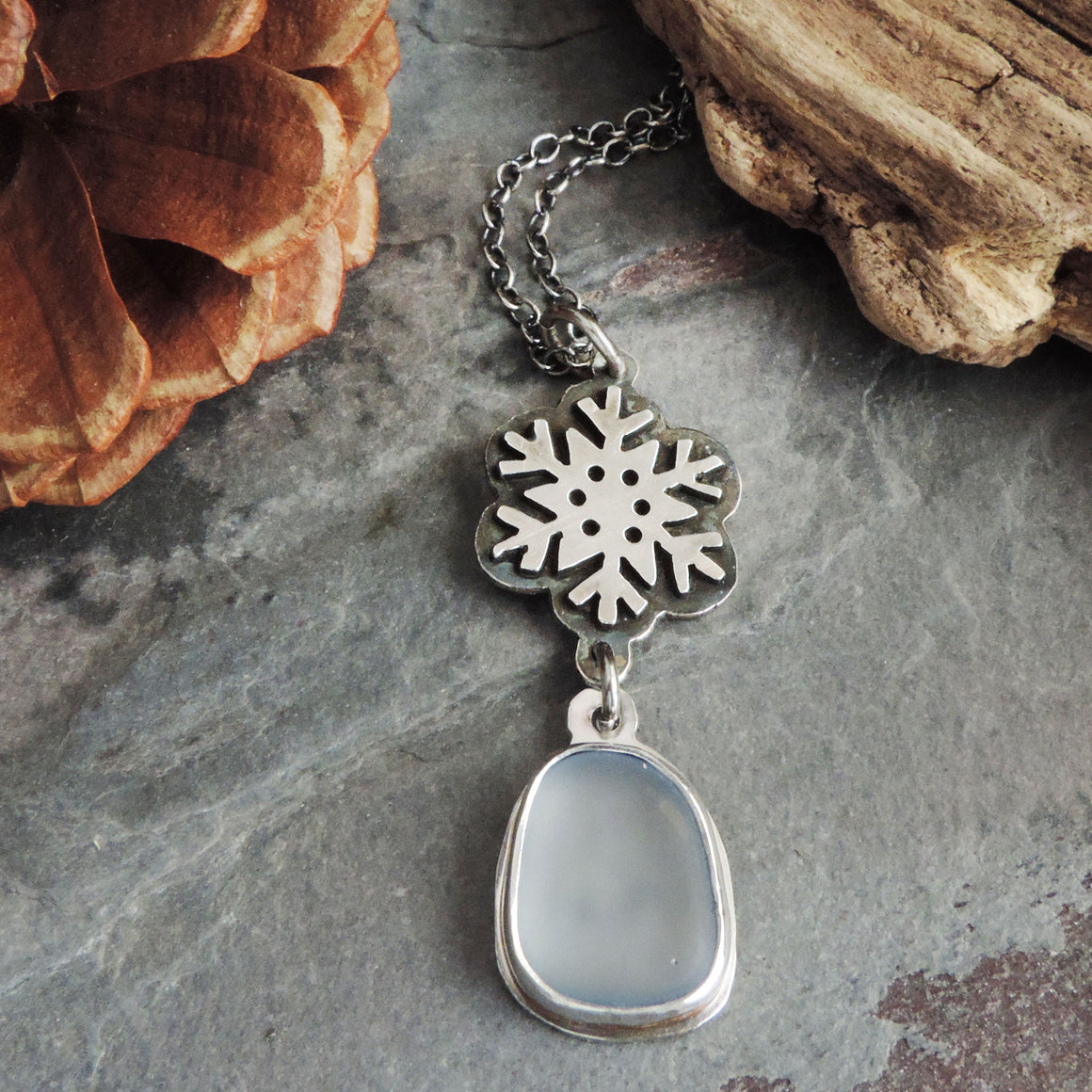Silver Snowflake Necklace with Pale Blue Sea Glass