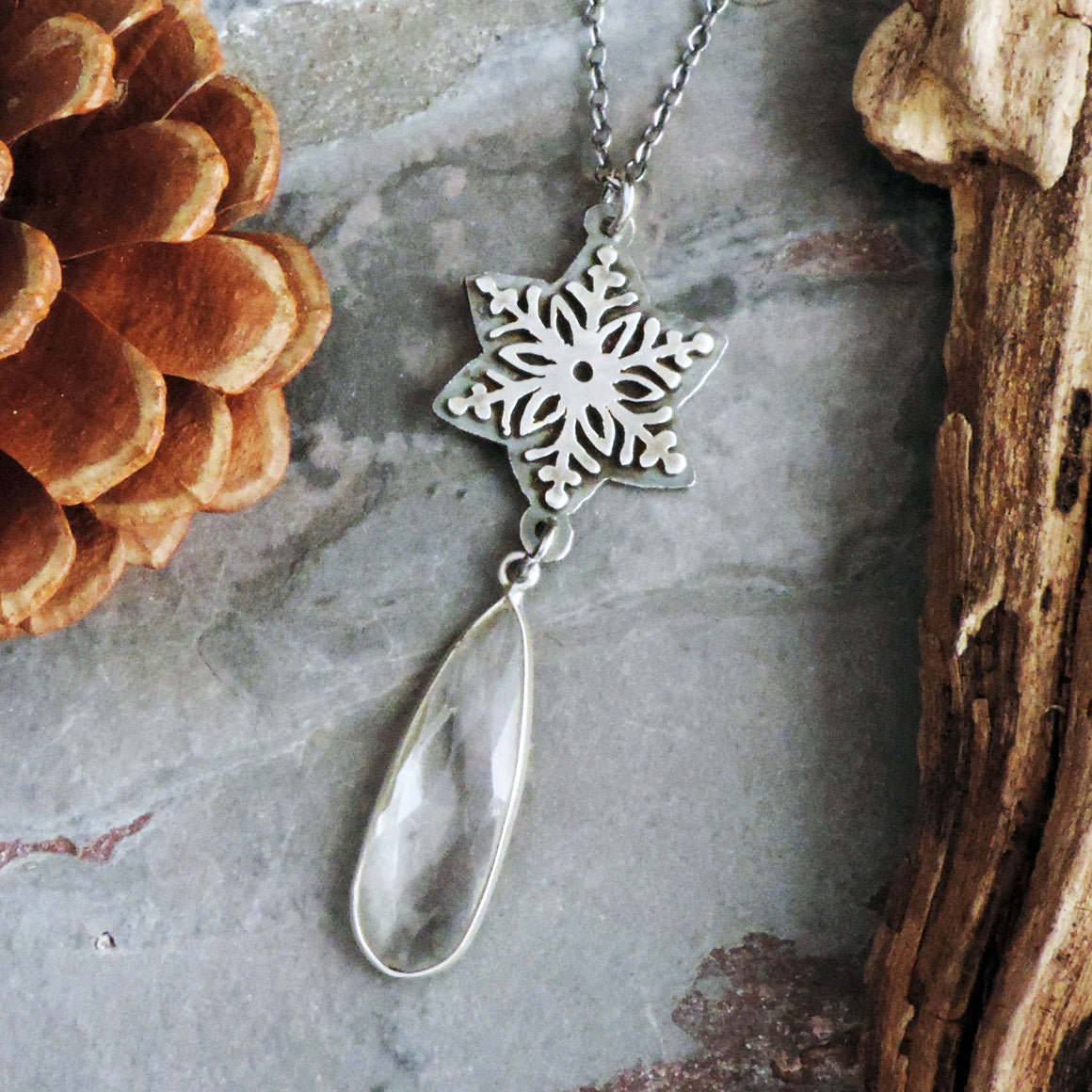 Silver Snowflake Necklace with Clear Quartz Crystal