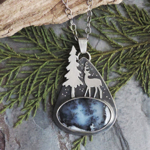 Deer and Tall Pine Tree Dendritic Opal Necklace