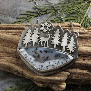 RESERVED Deer in the Snowy Mountains Dendritic Opal Necklace