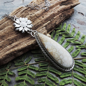 Flower Necklace with Natural Fossil Coral Drop