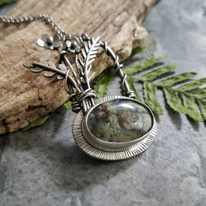 handmade silver flower necklace with green red moss agate