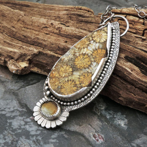 Golden Natural Fossil Coral and Citrine Gemstone Necklace