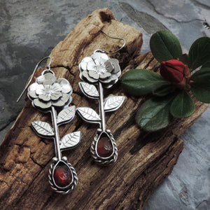 Stemmed Flower Earrings with Red Garnet Stones