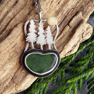 Pine Trees and Full Moon Sea Glass Necklace I