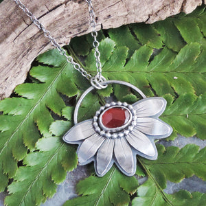 handmade sterling silver flower with red garnet