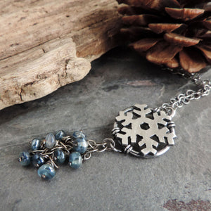Silver Snowflake Necklace with Blue Kyanite Dangles