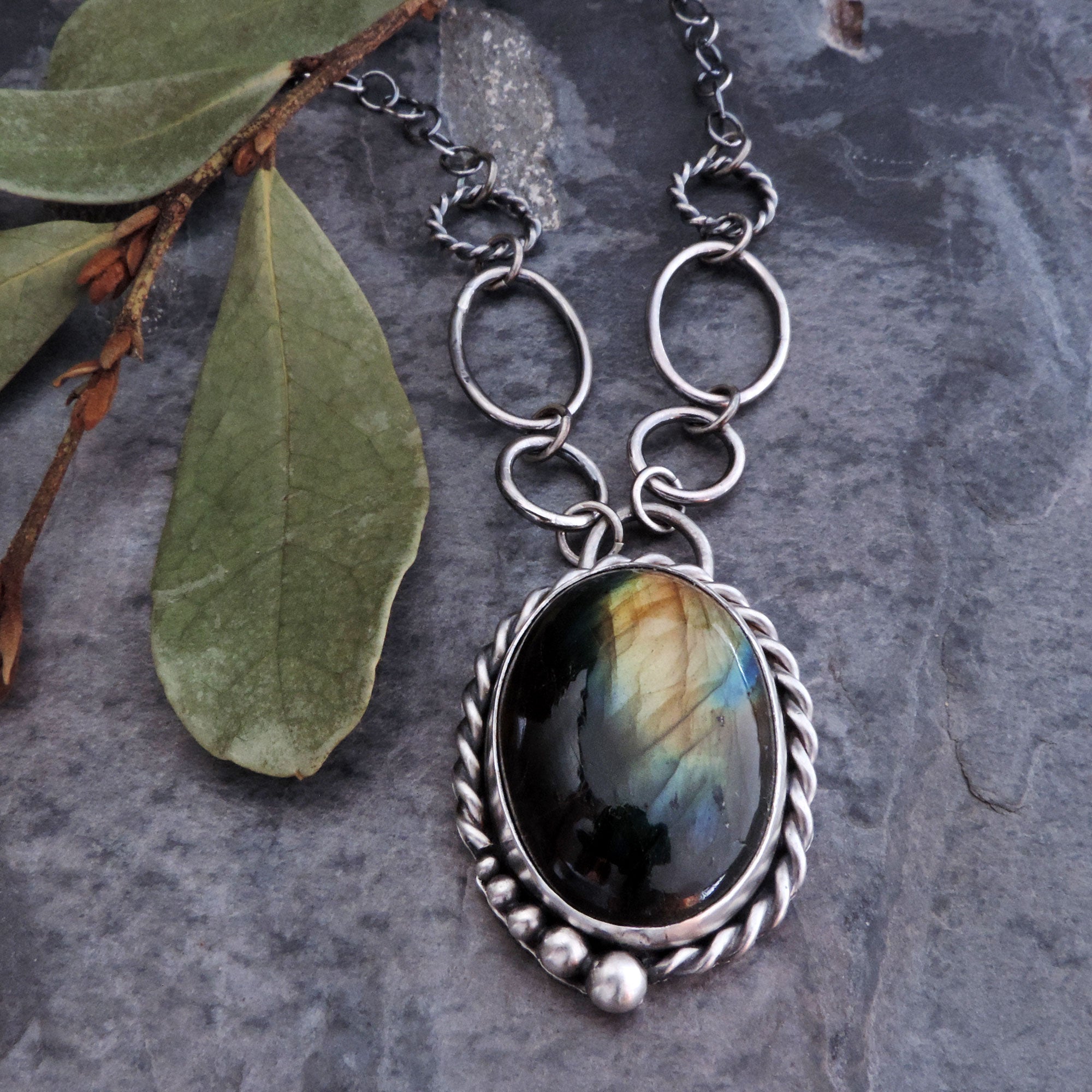 Labradorite Gemstone Necklace with Twist Bezel Design - A Twist of Whimsy