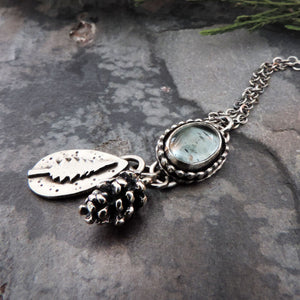 Moss Aquamarine Necklace with Pine Tree and Pine Cone