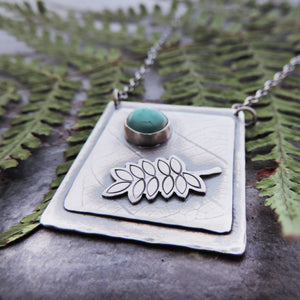 Silver Organic Botanical Imprint Fern Necklace with Turquoise Stone