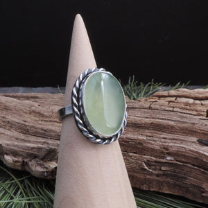 Oval Green Prehnite Gemstone Ring - Size 7