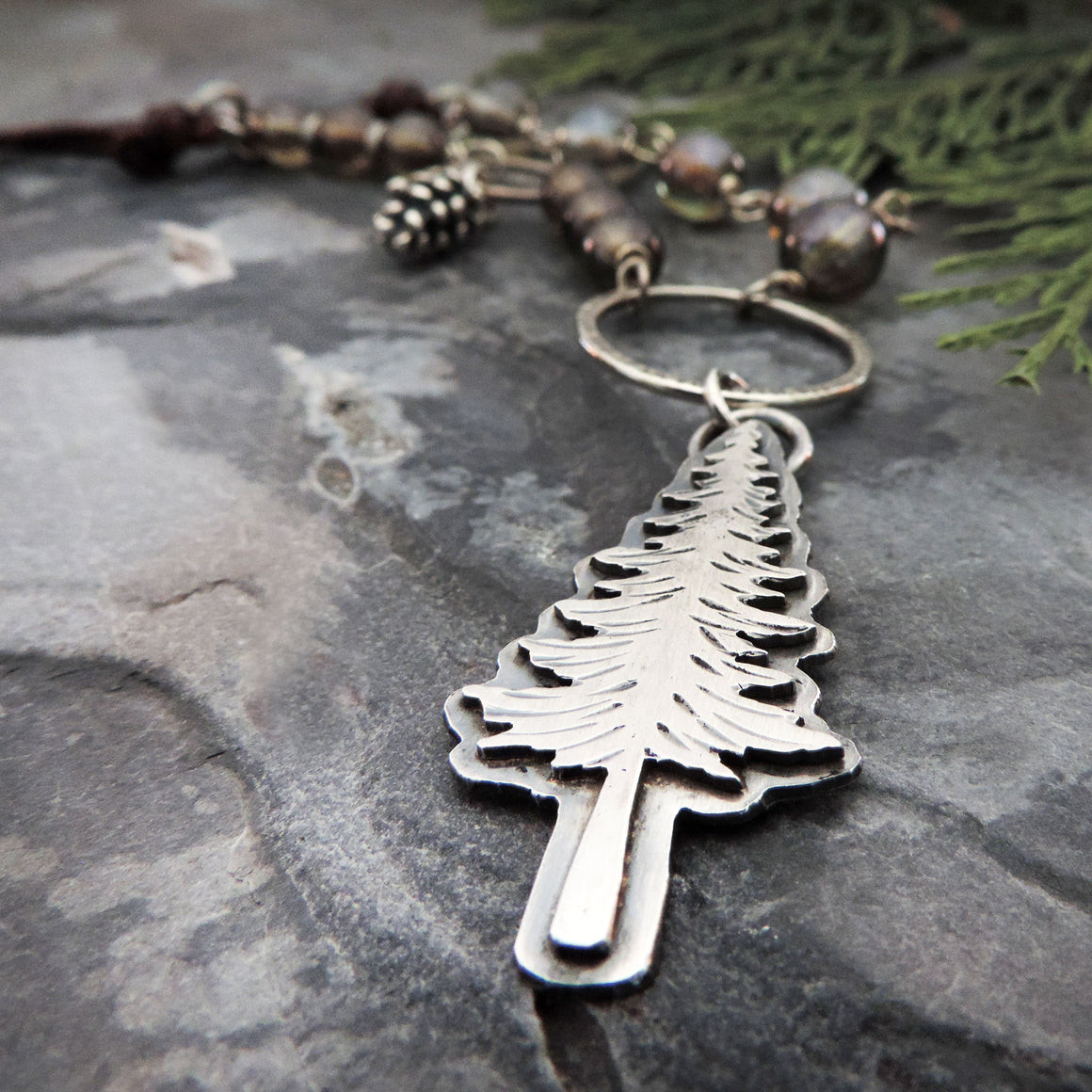 Silver Pine Tree Pendant with Green Beads and Leather Cord