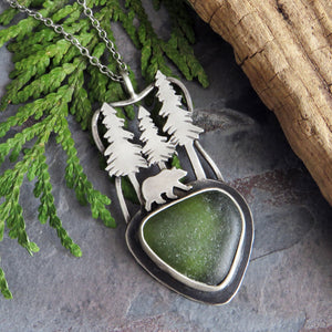 Bear in the Pines Green Sea Glass Necklace