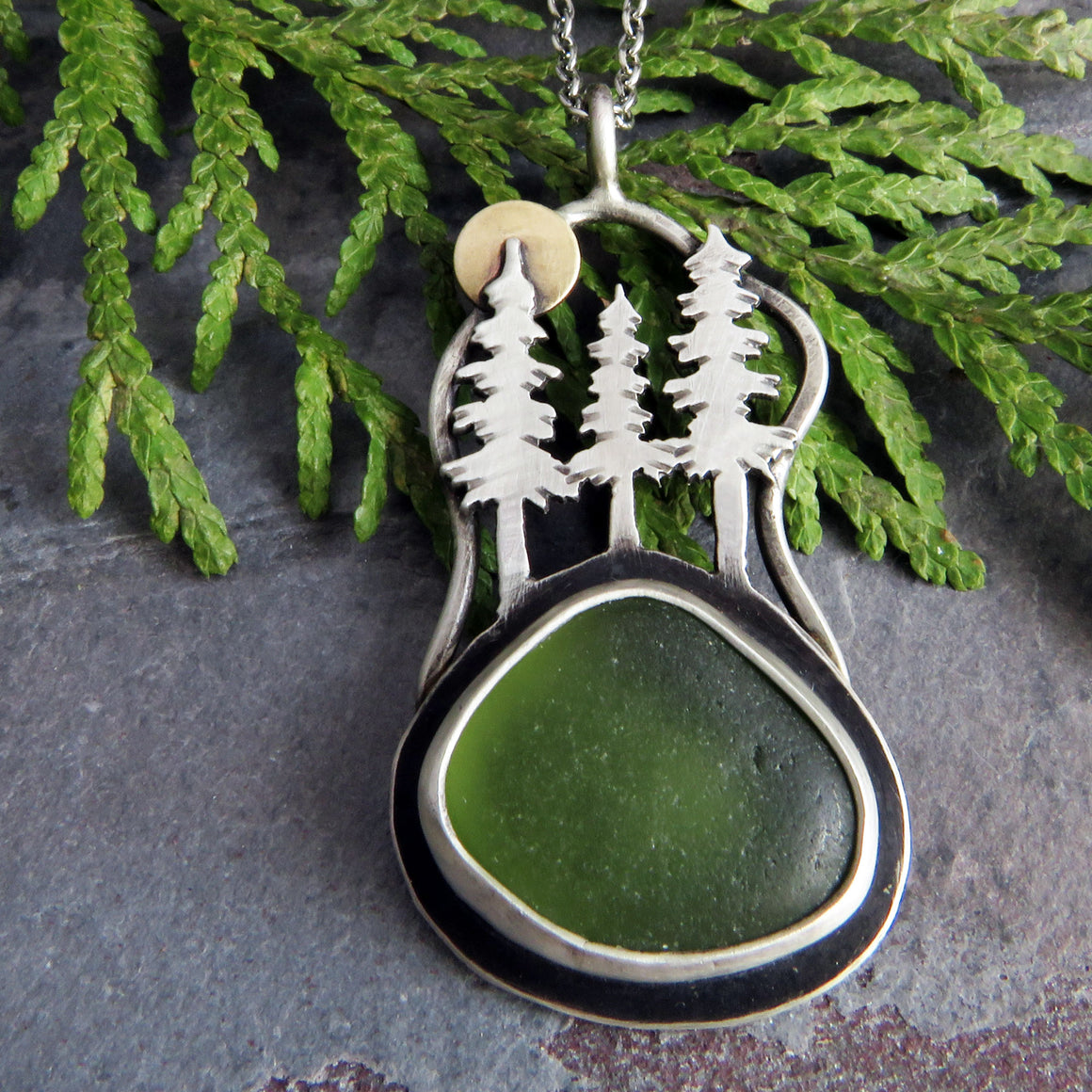 Pine Trees and Full Moon Sea Glass Necklace II